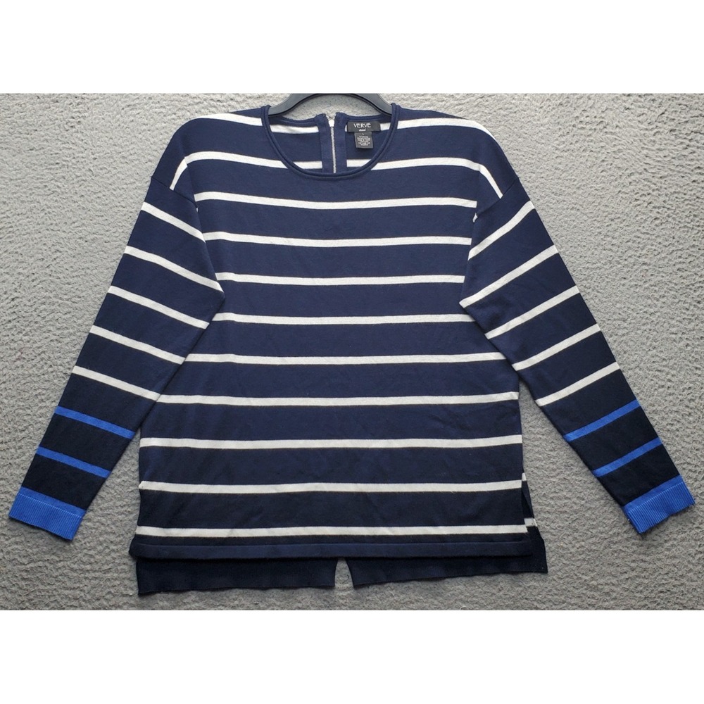 Verve Ami Sweater Womens Large Multi Striped Long Sleeve High Low Hem Back Zip